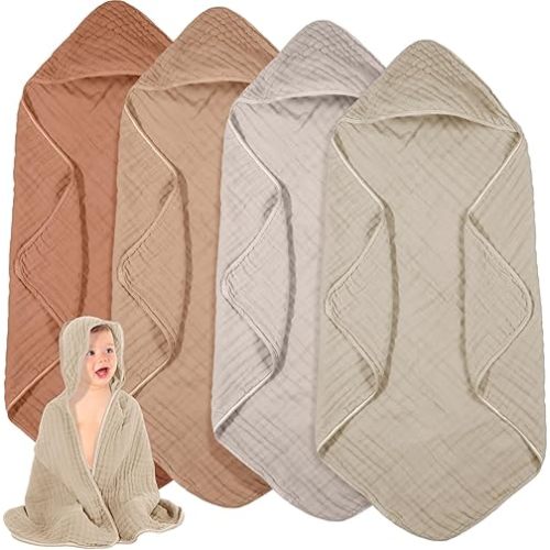 Peryiter 4 Pcs Muslin Hooded Baby Towels, 32"x 32" Cotton Newborn Bath Towel Muslin Infant Baby Blankets Absorbent Unisex Newborn Registry Gift Essentials for Girls Boys (Brown Series)