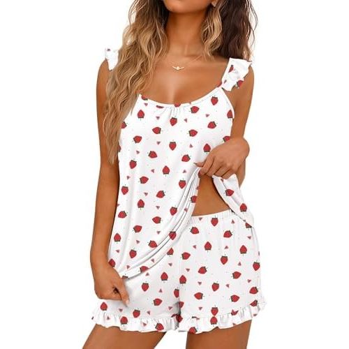 Ekouaer Pajama for Women Set 2 Piece Lightweight Summer Pajamas Soft Sexy Sleepwear Ruffle Cami and Shorts Bridal Pj