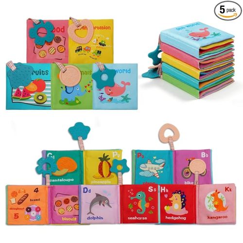 5 Pack Soft Cloth Crinkle Books for Babies 0-3 Bath Toys | Washable Non-Toxic Sensory Early Educational Toys, Bath Cloth Books for Infants Toddlers Kids, Preschool Learning Gifts