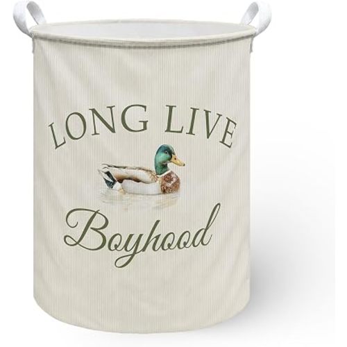 Mallard Duck Baby Boy Laundry Hamper Basket, Hunting Nursery Duck Decor Dirty Clothes Hamper, Long Live Boyhood Decor Collapsible Laundry Bin Organizer Storage Basket for Boys Room, 13.8x17.8in