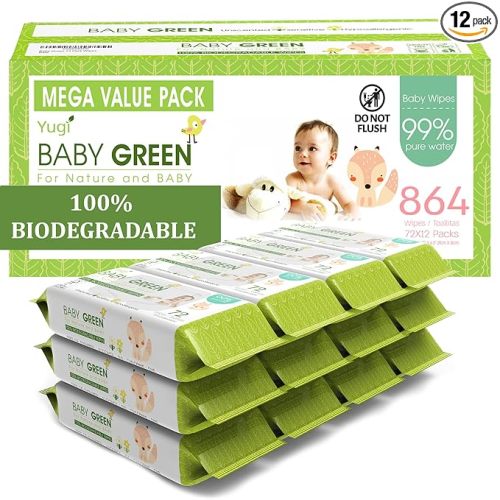 Yugi Green Baby Wipes for Babies Unscented, Compostable, Biodegradable, Plant-Based, Fragrance-Free, for Sensitive Skin, 12 Packs,72 Count,864 wipes