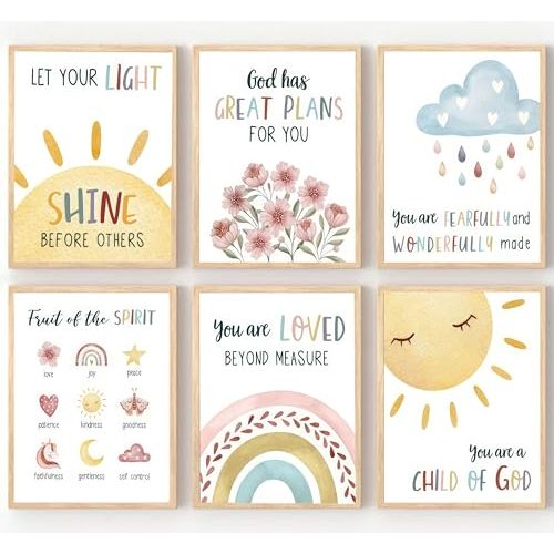 6Pcs Christian Nursery Canvas Wall Art Bible Verse Boho Painting Picture Wall Decor Poster Print Artwork for Baby Room Boy Room Girl Room Home Decoration