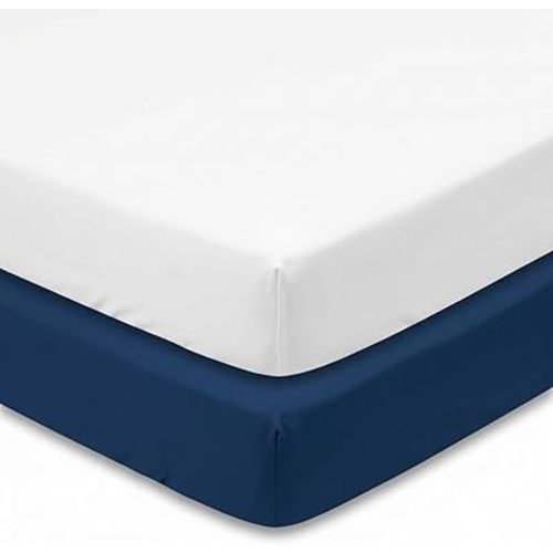 Everyday Kids 2-Pack Fitted Crib Sheets, 100% Soft Breathable Microfiber Baby Sheet, Fits Standard Size Crib Mattress 28in x 52in, White Nursery Sheet and Navy Nursery Sheet