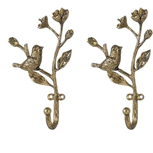 SOFFEE DESIGN 2pcs Metal Dark Gold Coat Hooks with 3D Bird & Flower Buds Shape, for Entryway, Bathroom, Bedroom Farmhouse Decoration