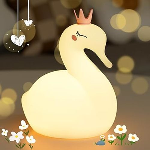 Silicone Night Light for Kids – Rechargeable Tap Control Lamp with 8 Colors, Cute Animal Design for Nursery, Toddler Room Decor, Gifts for Girls and Boys (Swan)