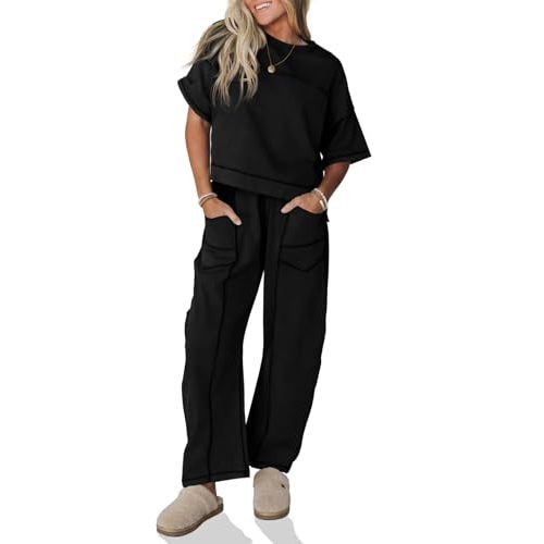 Fisoew Womens 2 Piece Outfits Lounge Sets Short Sleeve Tops and Wide Leg Pants Travel Vacation Casual Matching Sets
