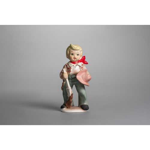 Vintage Ceramic Little Cowboy with Rifle & Pink Hat Figurine, Hand Painted Mid Century Nursery Decor by Wales Japan
