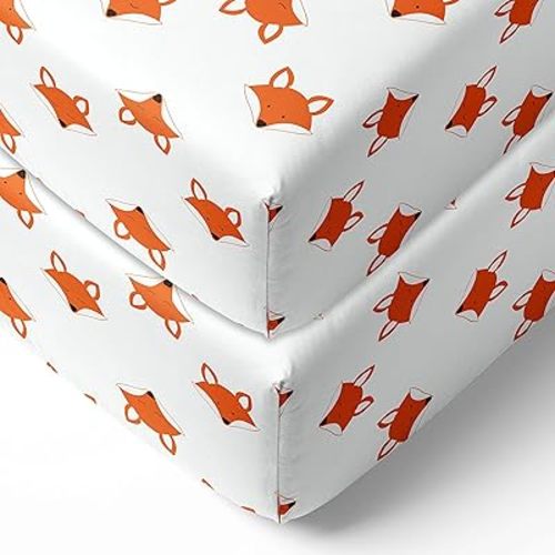 Bacati - Playful Fox Orange/Grey 2 Pack Crib Fitted Sheets (Orange/Grey Fox Print)