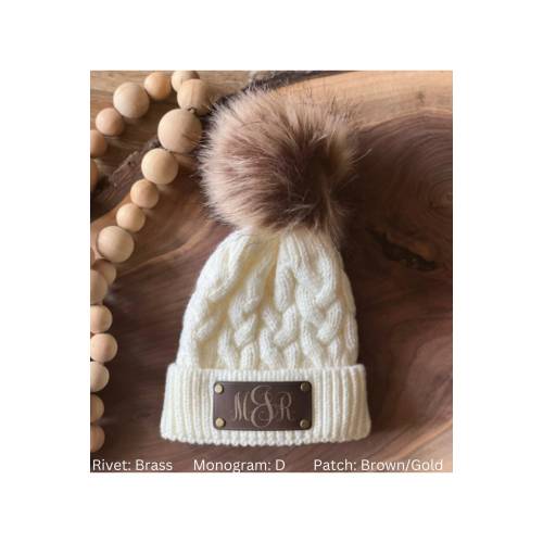 Personalized name monogram initials baby beanie, newborn coming home, vegan leather patch winter hat, custom name beanie, pom pom baby hat