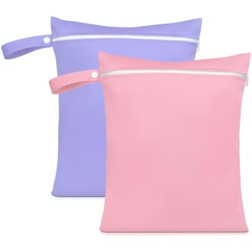 2PCS Wet Bags, Reusable Cloth Diaper Bags with Handle and Zipper, Lightweight Waterproof Travel Laundry Bag, Washable Wet Dry Bag for Baby Items Travel Beach Swimming Gym Camping(Pink&Purple)