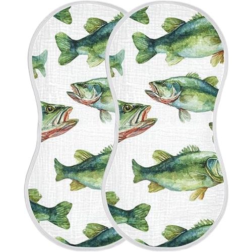 Sea Green Bass Fish Burp Cloths Baby Boys Girls Absorbent Soft Cotton Burping Cloths Rags, 2 Pack