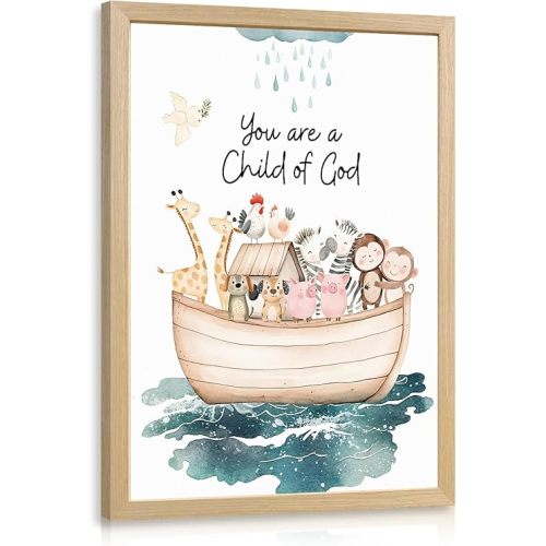 Clicyre Noah Ark Christian Wall Art, You Are a Child of God Scripture Canvas Print, Guardian Animal Wall Decor, Biblical Bible Verse Artwork for Baby Nursery Kids Room Wood Framed 12x16 Inch