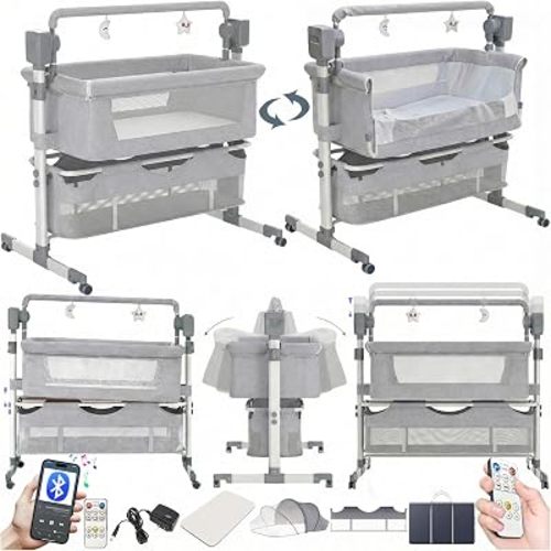 Electric Bluetooth Smart Baby Bedside Bassinet Crib, Infant Bedside Cot, Convertible Foldable Baby Crib with Remote Control, Music, 5 Swaying Gears (601 Mid Gray)