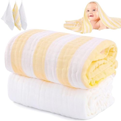 Muslin Baby Bath Towel Set - 100% Organic Cotton 5-Piece Set (2 Large Towels & 3 Washcloths), 6 Layer Super Soft Absorbent Gauze for Newborns (Yellow Stripe)