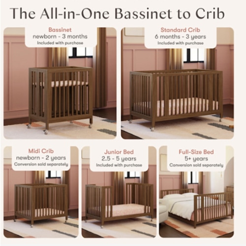 babyletto Rolli 9-in-1 Convertible All-Stages Crib with Bassinet & Toddler Bed Conversion Kits - Natural Walnut