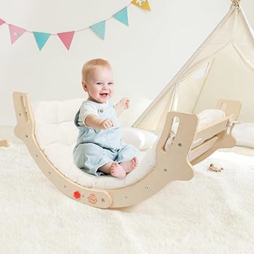 Solid Wood 6-in-1 Montessori Arch Rocker with Cushion - Climbing Toys for Toddlers, Sensory Table & Climbing Gym Playset - ASTM Certified Kids Gift