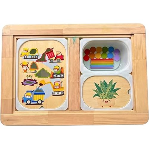 Flisat Sensory Table Inserts, Fits Ikea Flisat Table Trofast Tubs, 12 Wooden Sticks + 12 Coins + 2 Inserts (Large Construction Site for Color Sorting and Small Pot Plant for Peg Posting)