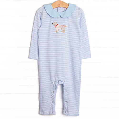 One Lucky Pup Applique Romper, Light Blue Stripe – Stitchy Fish