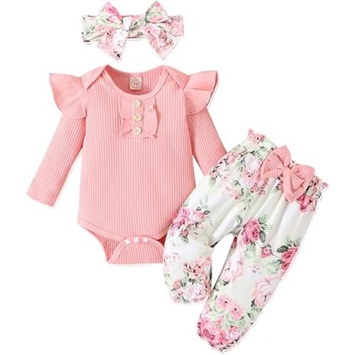 GDTOGRT Baby Girl Clothes Newborn Infant Outfits Ruffle Romper+ Floral Pants + Cute Headband Sets for Girls