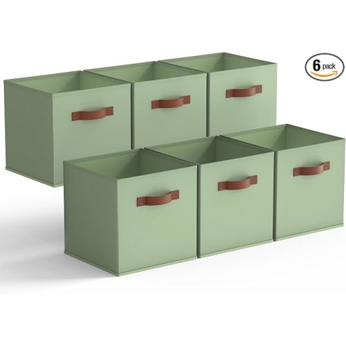 11 Inch Cube Storage Bins, Collapsible Fabric Storage Cubes with Handle, Closet Baskets for Organization, Storage Cubes for Shelves, Closet, Sage Green, 6-Pack