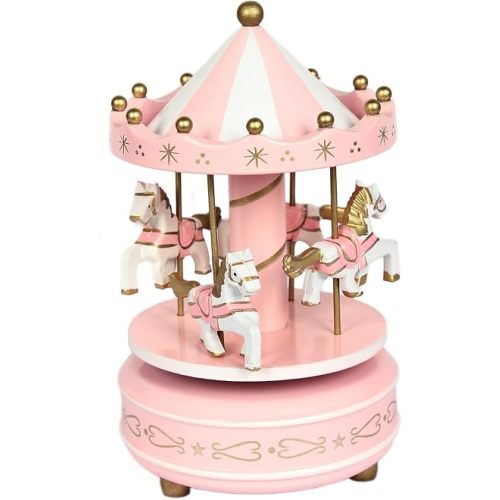 Schoolsupplies New Pink Wooden Merry Go Round Carousel Classic Music Box Kids Girls Gift Toy