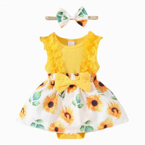 Sopiago Baby Girl Outfits 0-18 Months Summer Clothes Set Lace Ruffle Sleeveless Skirt Romper Headband Outfit Set for Baby Girl Yellow,9-12 Months