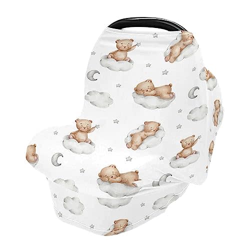 Car Seat Covers for Babies Breathable Breastfeeding Cover Stretchy & Soft Shopping Cart Cover Shower Gifts Seamless Pattern Teddy Bears on Clouds