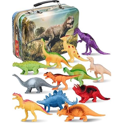 PLAYVIBE Dinosaur Toys - 12 Realistic 7-Inch Models, Multi-Color, Metal Storage Box - Dinosaur Figures & Action Figures for Kids Ages 3-7