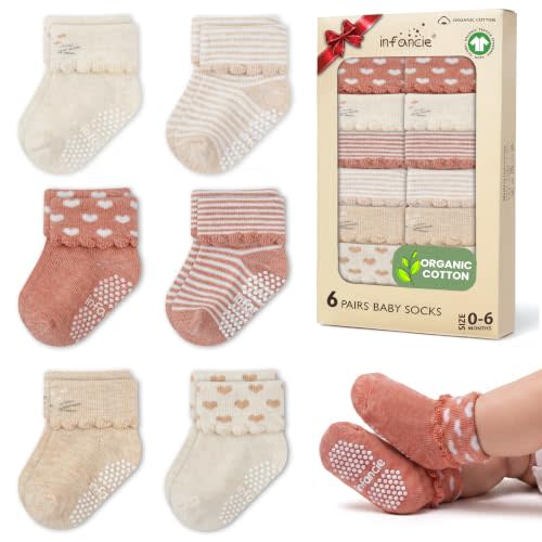 GOTS Organic Cotton Blend Infant, 6 Pairs Socks 0-6 M Boys Non Slip Gift | Oeko-Tex Certified, Baby Socks, 6 Pairs, Warm Baby Socks, Socks For Baby Boy, Cream & Wood Rose Combo, Unisex, 0-6 Months