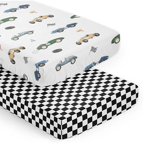 Sweet Jojo Designs 2-Piece Baby Crib Sheets Set (Vintage Race Car) for Boys, Infant Nursery, Toddler Room - Fitted, Standard Size (Gingham Checkered Black/White & Blue/Green Colorful, Cartoon Cars)