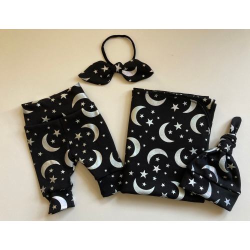 Iridescent Moon & Stars Swaddle Blanket and Newborn Hat. Newborn Leggings. Headband. Newborn Photo Prop. Baby Shower Gift. Space Swaddle Set