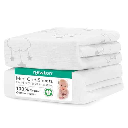 Newton Baby Mini Crib Fitted Sheets (2-Pack) | Organic Muslin Cotton, Breathable & Soft Baby Sheets, Washable Baby Mattress Sheets, Fits Any Mini Sized Crib 24" x 38", Wishing on a Star Print + White