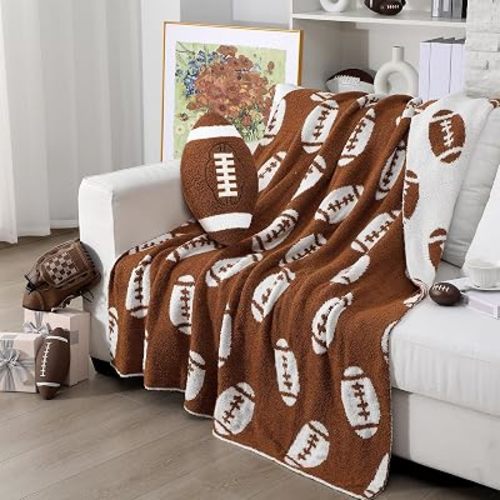 Football Throw Blanket and Pillow Set Include 50 x 60 Inch Soft Sports Throw Blanket and Football Shaped Pillow Cushion for Christmas Boys Teens Gift, Bedroom Home Couch Sofa Decor