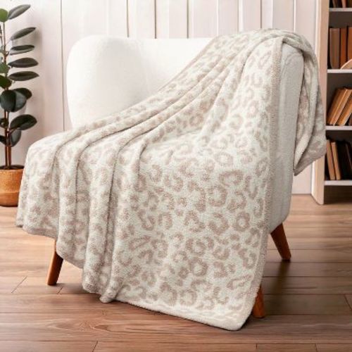 PAVILIA Plush Knit Throw Blanket for Couch Sofa Bed, Super Soft Fluffy Fuzzy Lightweight Warm Cozy All Season, Leopard Beige/Throw - 50x60