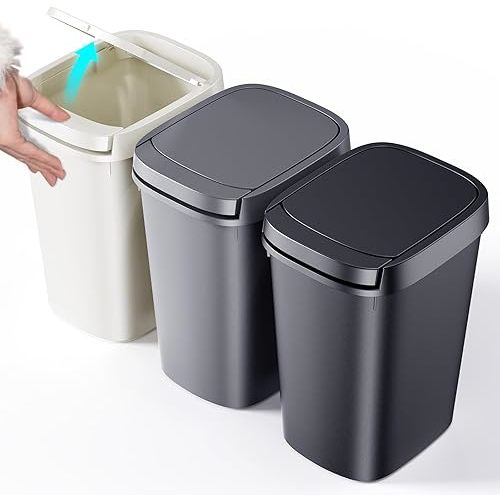 CEROELDA 3 Pack Bathroom Trash Can with Lid, 10L/2.6 Gal Small Garbage Can with Press Top Lid, Slim Plastic Waste Basket for Toilet, Office, Bedroom (Muti 1, 3 Pack)