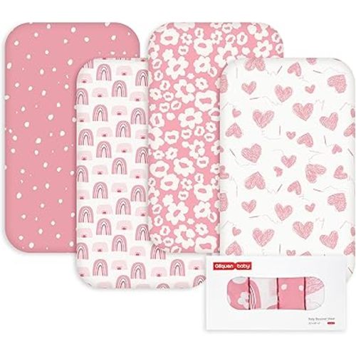 Gllquen Baby Bedside Sleeper Sheets 33x20 Inch 4 Pack - Fitted Crib Mattress Covers, Ultra Soft Oeko-TEX Certified Bassinet Sheets for Girls Boys, Gift Ready Box for Baby Shower (Chosen in Pink)