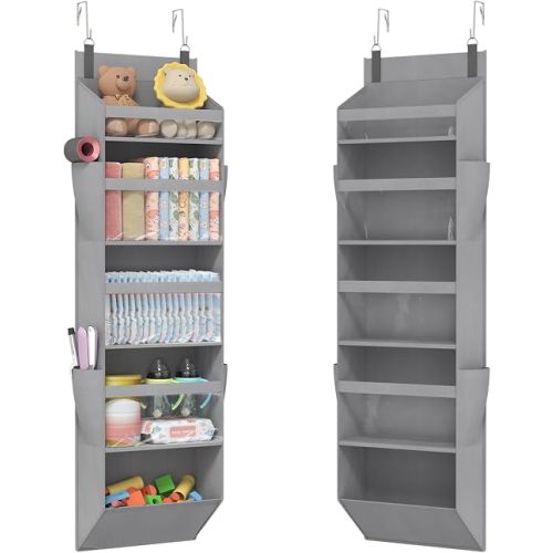 Lifewit 1 Pack Over the Door Organizer, Clear Window Hanging Storage with 4 Side Pockets, Anti Tilt 40 lbs Load Behind Door for Pantry, Nursery, Bathroom, Bedroom, Dorm, 5 Section, Gray