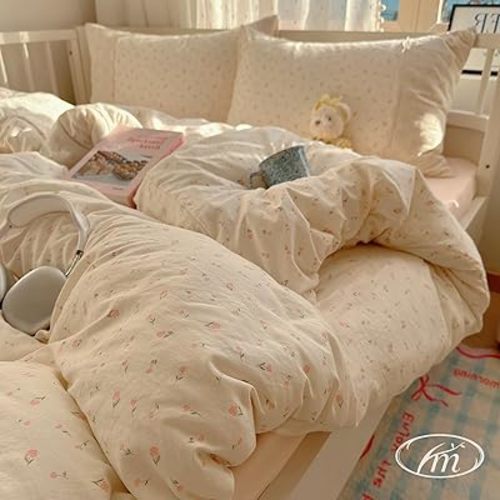 VM VOUGEMARKET Girl's Pink Flower Duvet Cover Twin,Romantic Lace Bedding Set with Zipper Ties Soft Lightiweght Washed Microfiber Comforter Cover for Teen Girls