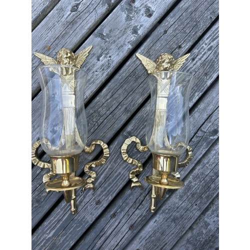 Vintage Brass Pair Of 2 Wall Cherub Angel Ribbon Gold Candle Holder 14” Tall