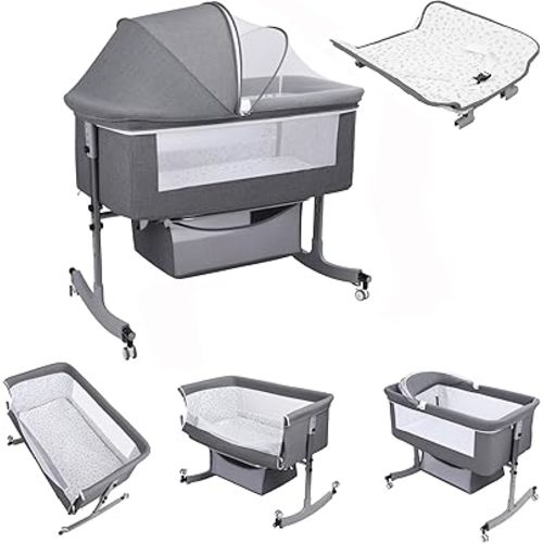 Bedside Bassinet Baby Crib, Baby Bassinets Bedside Sleeper with Large Curvature Cradle, Height Adjustable, Movable Bedside Crib with Mosquito Net and Wheels, Load-Bearing 22.04 Pounds 1 Set