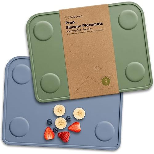 KeaBabies 2pk Silicone Placemats for Toddlers, Kids - 12x9 Non Slip Suction Baby Silicone Placemat for Restaurants, Dining Table,Travel, Easy to Clean, Food Grade/BPA-Free,Small Baby Table Mat(Slate)