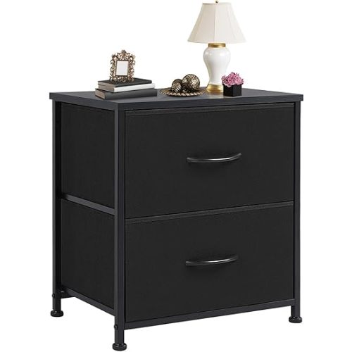 DUMOS Nightstand Small Dresser with 2 Fabric Drawers Side Tables Bedroom End Table Bedside Storage Furniture for 20 inch Tall Night Stand for Entryway, College Dorm, Classic Black