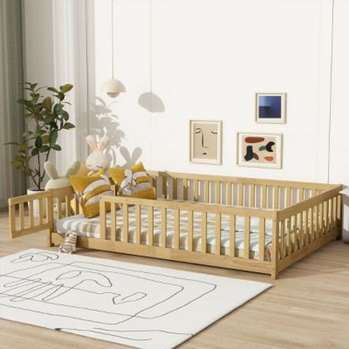 Full Montessori Floor Bed with Fence and Door, Natural Solid Wood Platform with Guardrails for Toddlers and Kids Bedroom-3irtyhousy