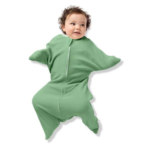 SleepingBaby Zipadee-Zip Transition Swaddle - Cozy Fleece Wearable Blanket with Two-Way Zipper for Baby Sleep - Fleece Basil, Small (4-8 Month)