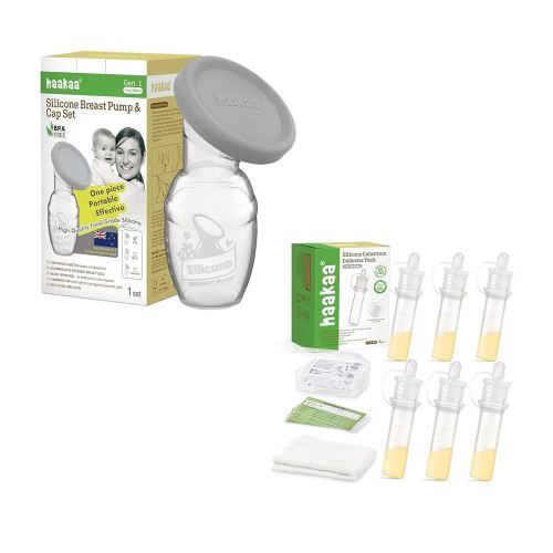 haakaa Manual Breast Pump 4oz./100ml with Silicone Cap & Colostrum Collector (0.1oz./4ml,6pcs) Set