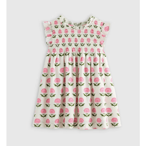 100% Organic Cotton Poplin Smocked Flutter Sleeve Dress - Baby Girl in Pink Woodblock Floral