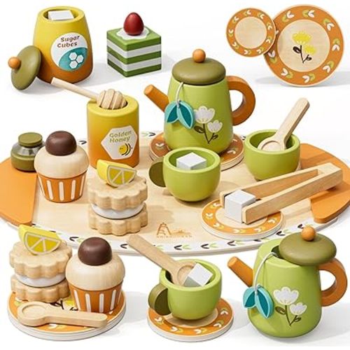 Wooden Tea Party Set for Kids 3-5 with Desserts Honey Dipper Girls Boys