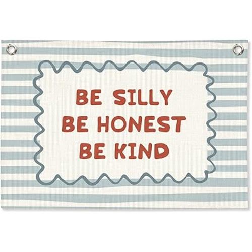 Kids Room Decor, Boy Nursery Decor Boho Retro Classroom Wall Hanging Canvas Banner, Be Silly Honest Kind Classroom Wall Art Decor for Kids Nursery Toddler Room Bedroom Playroom, 30x20 Inch