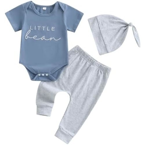 Baby Boy Girl Cute Little Bean Short Sleeve Romper Top Elastic Long Pants Hat Infant Newborn Summer Outfits