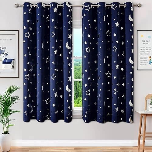 WUBODTI Boys Curtains Navy Blue 100% Blackout Star Curtains Cute Space Themed Thermal Insulated Room Darkening Blackout Short Drapes for Kids Room Nursery Boys Bedroom(W52 x L63, 2 Panels)